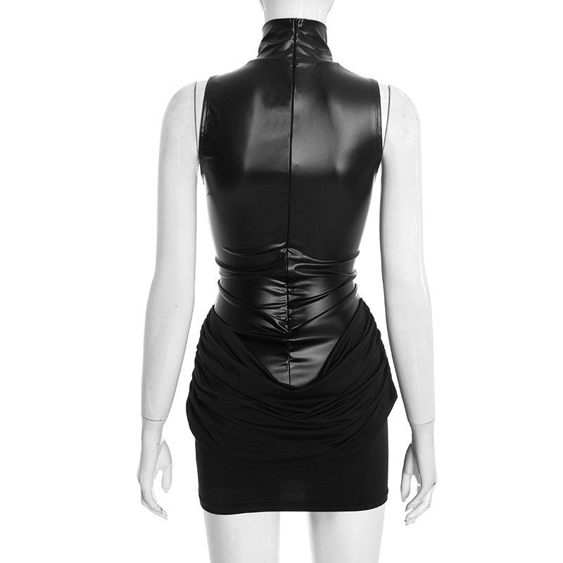 Nsauye Women Basic Pullover Casual Turtleneck Short Wrap PU Leather Y2K Dress 2026 Spring Summer Sexy Club Party Evening Dress