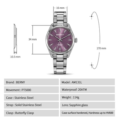BERNY Automatic Women Watch PT5000 Sapphire Mechanical Elegant Women's Swim Watches 20ATM Full Stainless steel Swim Wristwatch
