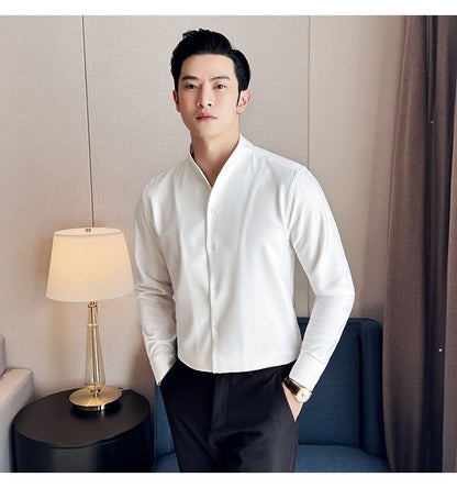 Advanced Sexy V-neck Men's Long Sleeved Shirt Designer Stand Up Collar Shirt Business Social Slim Fit Black and White Top