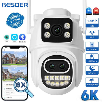 BESDER 6K 12MP Wifi Camera PTZ Dual Screen 8X Digital Zoom AI Auto Tracking Outdoor 8MP CCTV IP Camera Security Protection iCSee