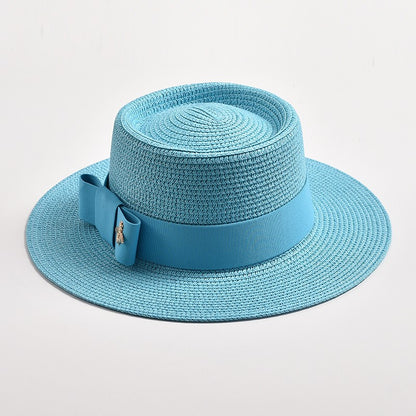 Novos Chapéus de Palha Primavera Verão Femininos de Superfície Ondulada, Topo Reto, Laço, Boné de Vestido, Chapéu de Sol para Viagem e Praia, Gorra