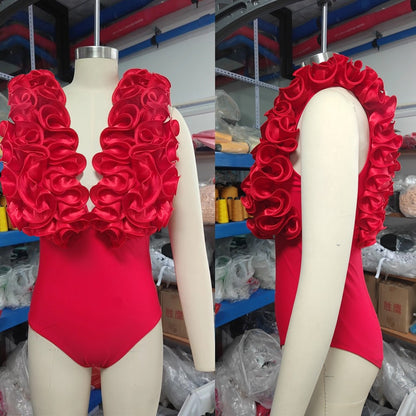2024 Sexy Red 3D Ruffle Flower One Piece and Skirt set Swimwear beachwear Party Dress  Clearance Wholesale