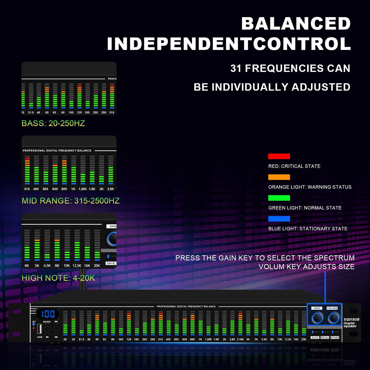 EQ31SUB Digital Equalizer 31 Stage Tuner Professional Stage Performance Noise Reduction Audio Processing