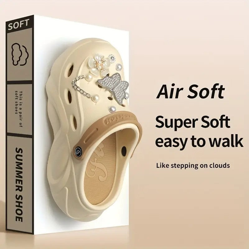 Silver Butterfly Platform Sandals for Women Summer Fashion Pearl Flower Decor Clogs Shoes Woman Thick Bottom EVA Beach Slippers