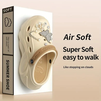 Silver Butterfly Platform Sandals for Women Summer Fashion Pearl Flower Decor Clogs Shoes Woman Thick Bottom EVA Beach Slippers