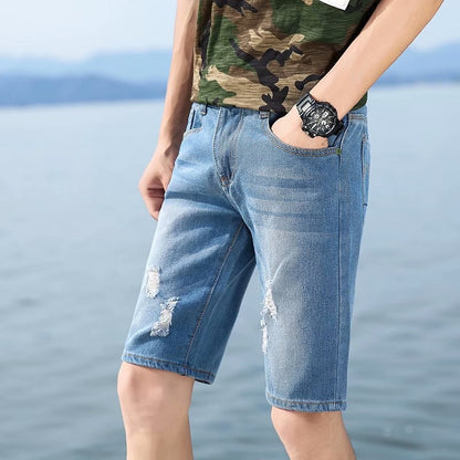 New Summer Men's Personalized Washable Perforated Denim Short Pants Male Casual Straight Short Jeans