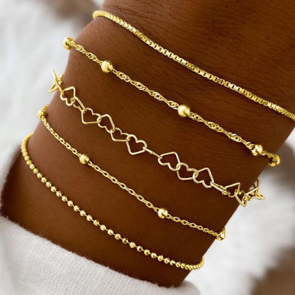 Novo Conjunto 5 Peças/Set Cor Dourada Elegante Amor Bangle Pulseiras Multicamadas Retrô para Mulheres Moda Feminina 2024 Joia Tendência Presente