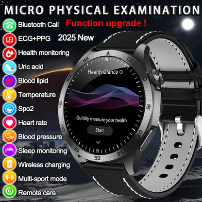2025New Micro Physical Examination Blood Lipids Uric Acid Blood Pressure Smart Watch ECG+PPG Clock Bluetooth Call Smartwatch Men