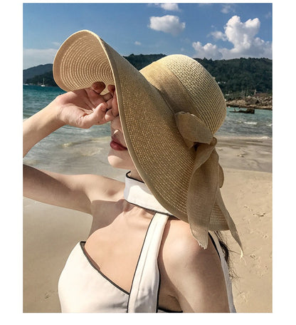 Women Summer Beach Travel Straw Hat Korean Seaside Big Hat Brim Sunblock Sunshade Holiday Foldable Fashion Big Cool Hat