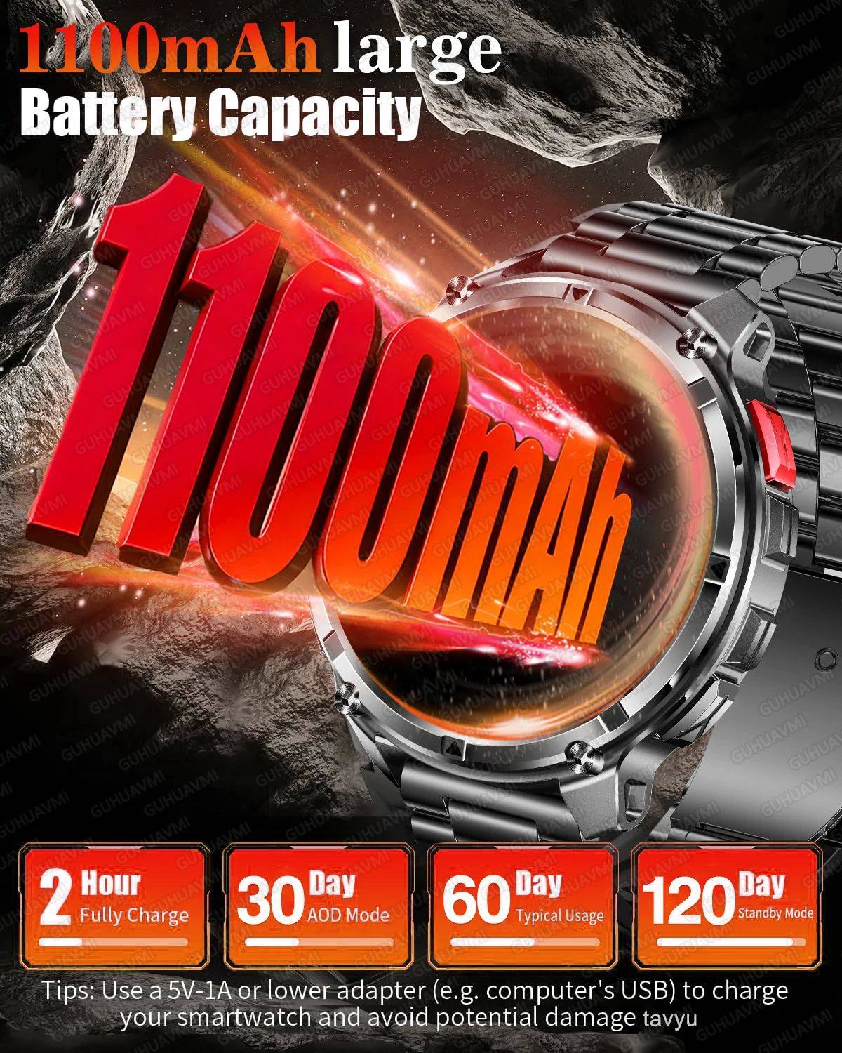 Smartwatch Masculino Externo Ultra Durável Bateria 1100mAh Relógio de Saúde Bússola Assistente de Voz Chamada À Prova D'água Esporte Smart Watch Masculino