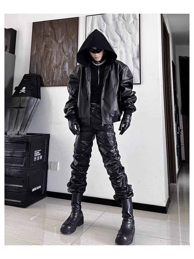 Mauroicardi Spring Autumn Cool Long Ruched Soft Black Pu Leather Stacked Pants for Men Luxury Designer Cyberpunk Rock Clothes