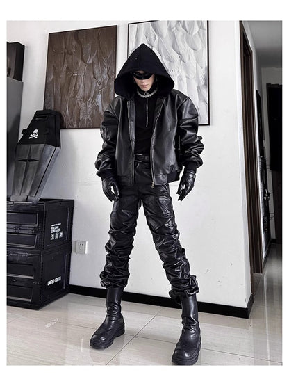 Mauroicardi Spring Autumn Cool Long Ruched Soft Black Pu Leather Stacked Pants for Men Luxury Designer Cyberpunk Rock Clothes