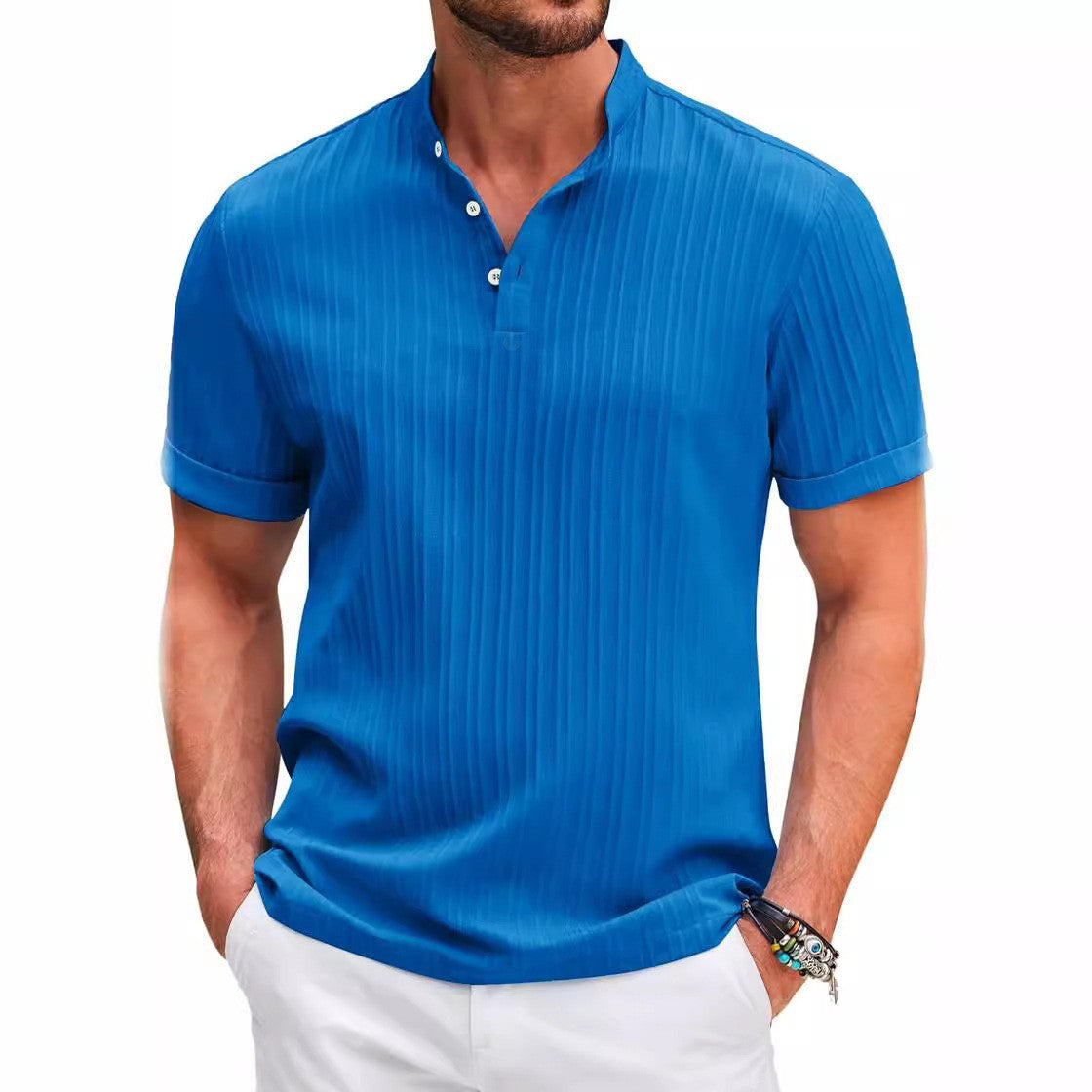 Hawaiian Men's Retro Cotton And Linen Henry Shirt Casual Loose With Sporty Stand-up Collar Buttons 2025 New Men's Casual Shirt