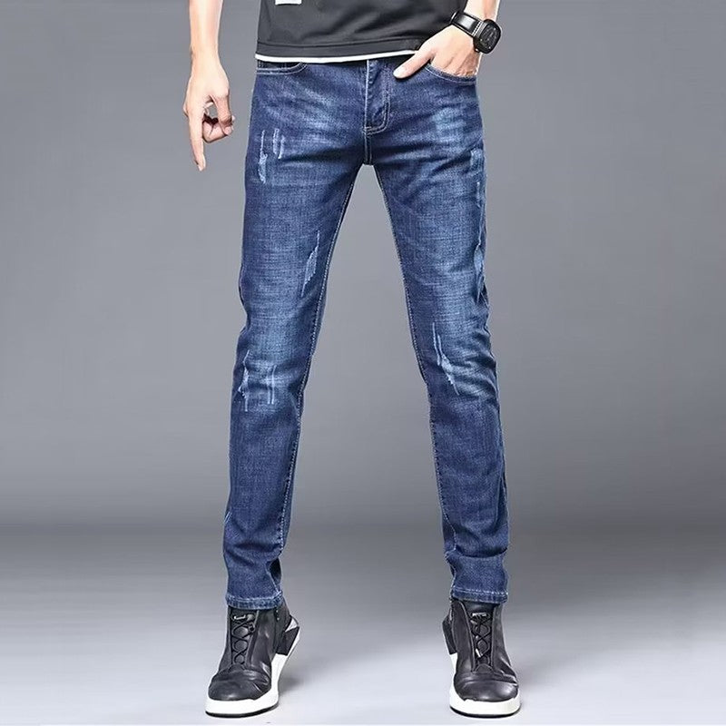 Men's Stylish Classic Business Casual Jeans Four Seasons Wear Black Blue Pants Middle-waist Leggings Denim Fabric Trousers Male