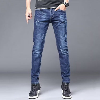 Men's Stylish Classic Business Casual Jeans Four Seasons Wear Black Blue Pants Middle-waist Leggings Denim Fabric Trousers Male