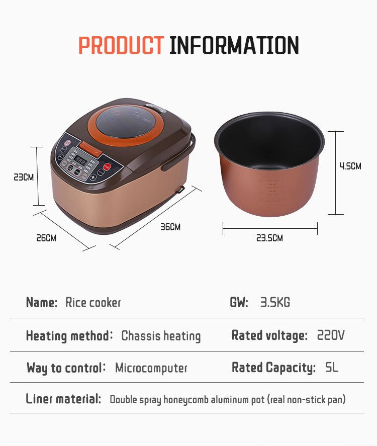Panela de arroz elétrica inteligente de luxo, requintada, antiaderente, com baixa concentração de açúcar, 5L, para atacado