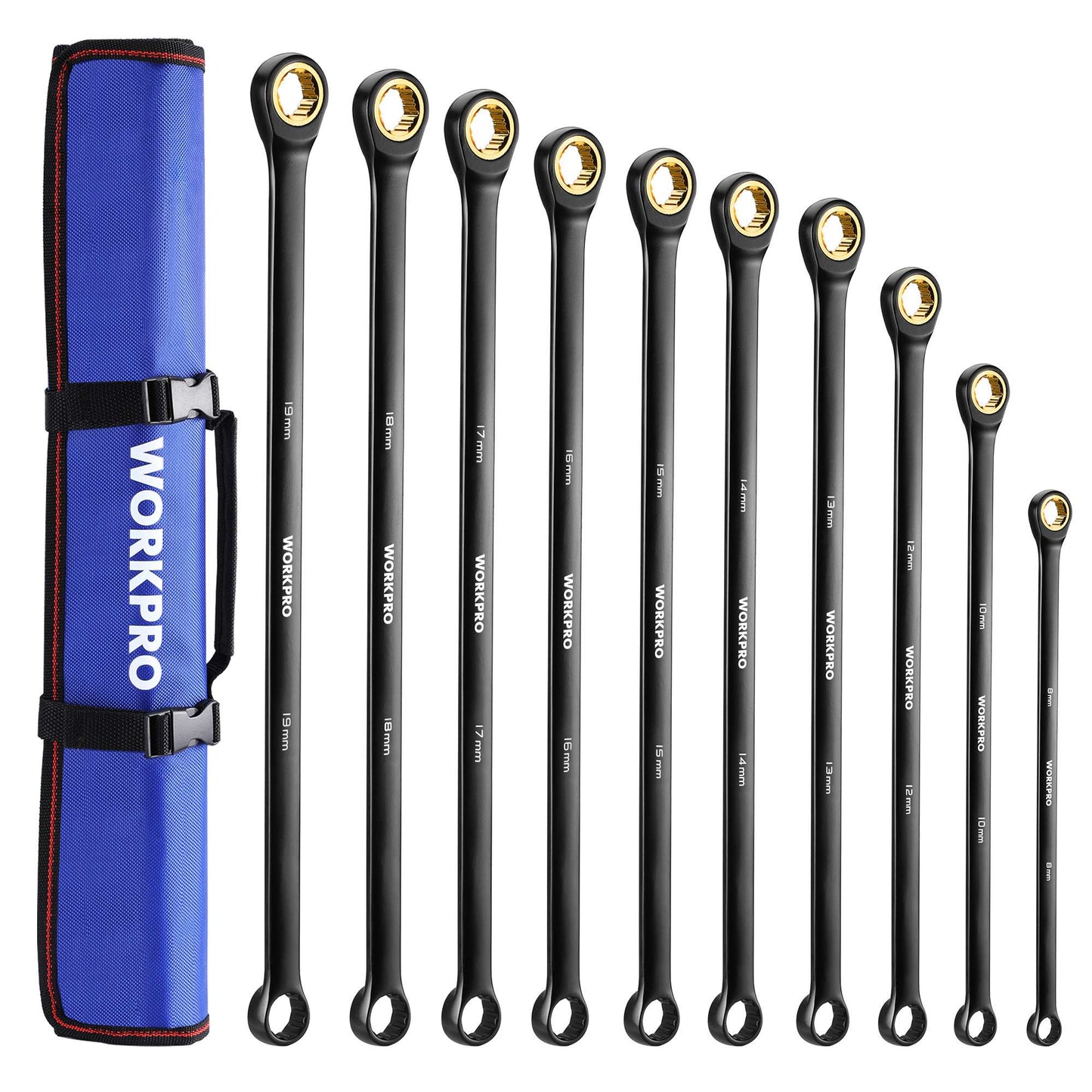 Conjunto de Chaves Catraca Extra Longas WORKPRO 10 Peças, 72 Dentes, Métricas 8-19 mm, Aço Cr-V e Revestimento Eletroforético Preto