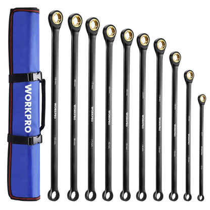 Conjunto de Chaves Catraca Extra Longas WORKPRO 10 Peças, 72 Dentes, Métricas 8-19 mm, Aço Cr-V e Revestimento Eletroforético Preto