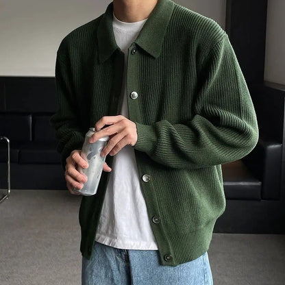 Early Autumn Casual Men's Knitted Cardigan Green Collar Open Front Sweater Trendy Korean Style Dongdaemun Fashion Streetwear