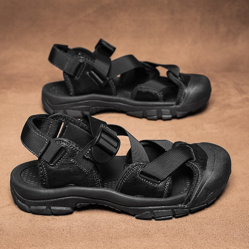 Sandals for Men's Summer New Cowhide Casual Beach Shoes, Genuine Leather for Men's Anti Slip Middle-aged Sandals and Slippers