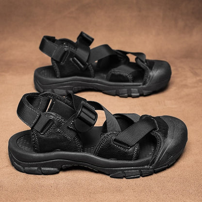 Sandals for Men's Summer New Cowhide Casual Beach Shoes, Genuine Leather for Men's Anti Slip Middle-aged Sandals and Slippers