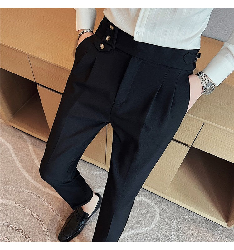 British Style Spring New Solid Business Casual Suit Pants High Waist Button Men Formal Pants High Quality Slim Office Trousers