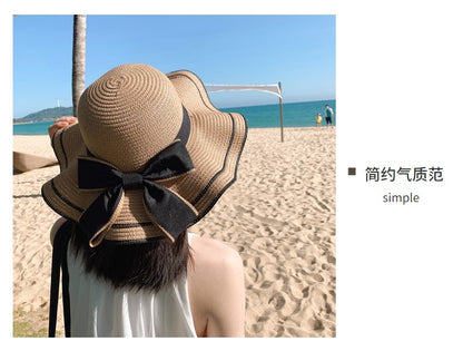 Beach HatJapanese Everything Hairy Edge Straw Hat Female Summer dome  Top Outing Sun Hat Small Fresh Bow Sun Shade Beach Hat