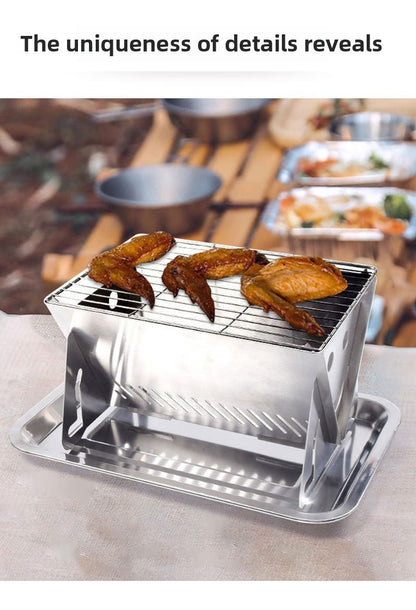 3-Piece Stainless Steel Portable BBQ Set - Compact Folding Grill for Camping, Mini Detachable Card-Style Outdoor Cooking