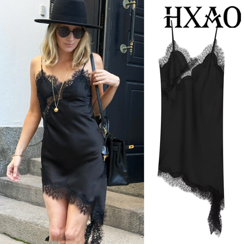 HXAO Female Lace Dress Sleeveless Slip Short Dresses Women Summer Asymmetric Elegant Night Dresses Backless Sexy Evening Dress