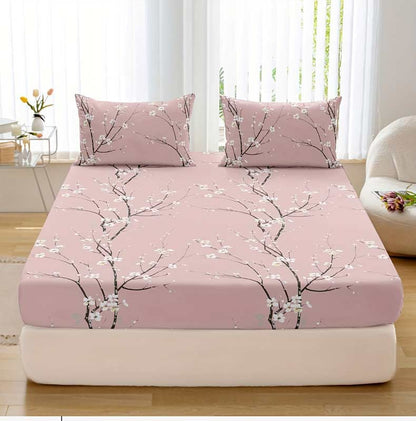 Conjunto de Lençol com Elástico Estampado 3 Peças (1 Lençol com Elástico + 2 Fronhas, Sem Enchimento)