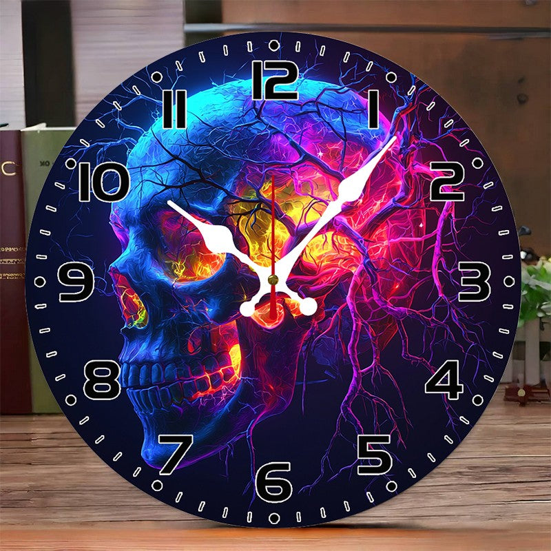 Evil Skull Wooden Round Silent Hanging Wall Clock, Suitable For Living Room, Office, Study Room, Bedroom, Home Decoration