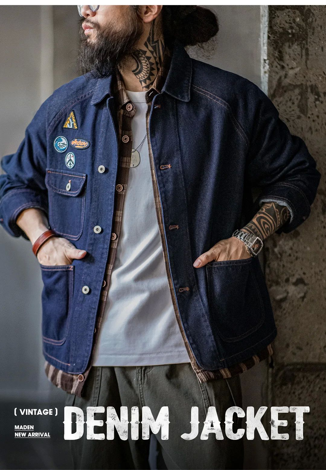 Maden Vintage 12.8oz Heavyweight Denim Jacket Embroidered Badge Washed Lapel Casual Outerwear for Men Spring and Fall Chore Coat