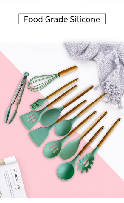 Silicone Kitchenware Cooking Utensils Set Non-stick Cookware Spatula Shovel Egg Beaters Wooden Handle Kitchen Cooking Tool Set