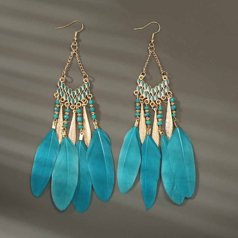 Brincos femininos longos de pena estilo boho, praia, com borla longa, miçangas, flores artesanais esmaltadas, para noiva, casamento, Pendientes Mujer