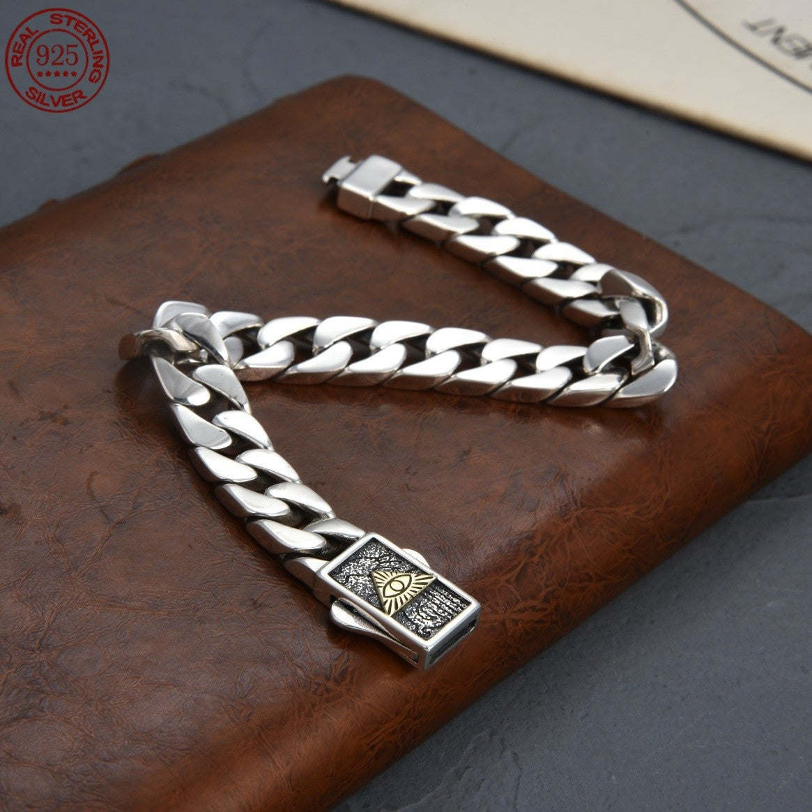 Pulseira Cubana Masculina Olho de Hórus Olho de Deus em Prata 925 Esterlina Moda Hip Hop Presente Simples Acessórios de Joias da Moda