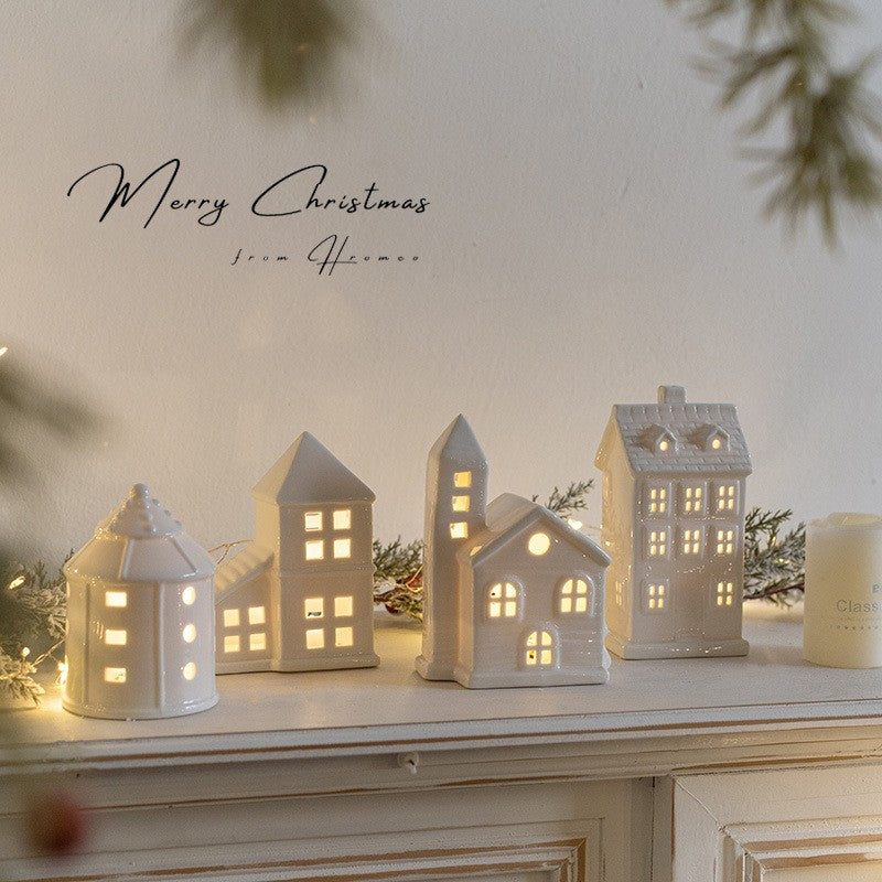Glowing Ceramics Village House LED Light Up Porcelains Statue Figurine Festival Home Desktop Decors Christmas  Ornament