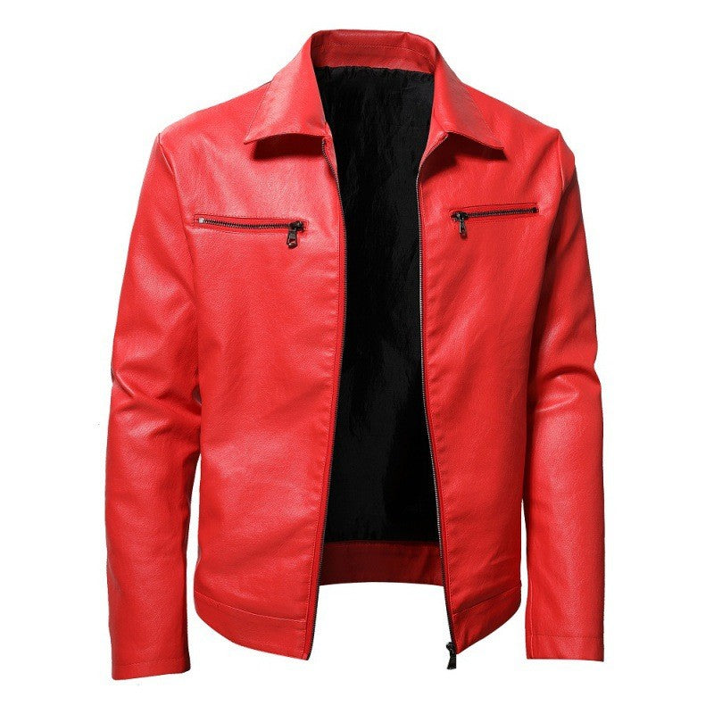 Men's Red Fashion Slim Motorcycle PU Leather Wear-resistant Lapel Leather Jacket