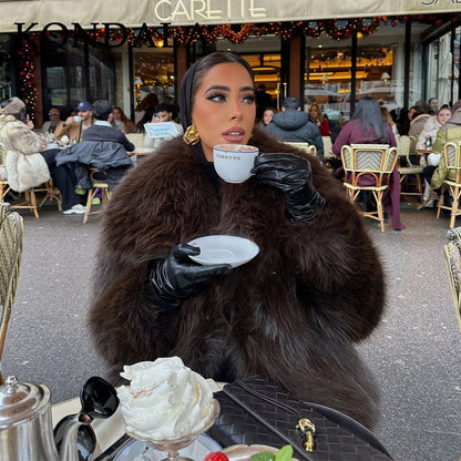 KONDALA 2025 Fall Winter Casual Faux Fur Brown Women Warm Jackets Streetwear Turn Down Collar Christmas Oversized Elegant Coats