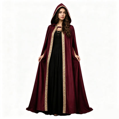 Elegant Medieval Hooded Floor Length CloakTrim Cape Chain Brooch for Adult Wedding Photoshoot Halloween Gothic Cosplay Costume