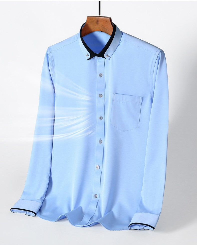 For Men's Business Dress Shirts Male Formal Button-Down Social Collar Camisa Social Elastic Anti-wrinkle Casual Men Shirt Pocket