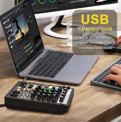 Mesa de áudio TKL 4 canais 99 DSP com alimentação fantasma 48V, mixers de som USB de estúdio, console de mixagem Bluetooth DJ para karaokê