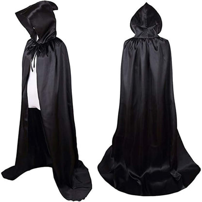 1 Piece of Halloween Cape with 3 Sizes Available. It is a black Grim Reaper cloak made of satin, featuring a stand-up collar