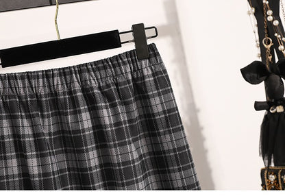 Plus Size Skirt Women 2024 Autumn Winter High Elastic Waist A Line Gray Or Khaki Plaid Skirt Korean Casual Long Skirts Womens