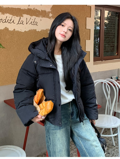 Korean Winter Women Black Beige Hood Zipper Down Jacket Ladies Blue Single Breasted Short Warm Thick Bread Coat Streetwear Trend