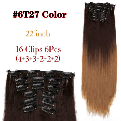 22 Polegadas Sintético Cabelo Liso Longo 16 Clipes 6 Peças/Conjunto Apliques de Cabelo Loiro Preto Resistente ao Calor Para Mulheres