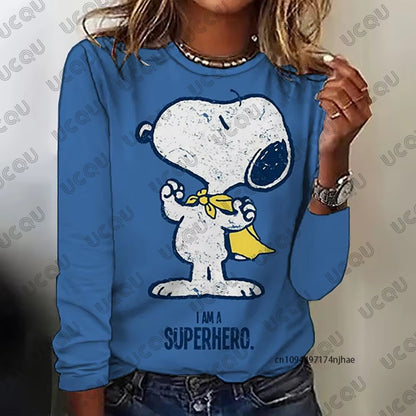 Autumn Winter New Cartoon Snoopy Print Women's Long Sleeve T-shirt Fashion O-neck Tees Casual Sweatshirt Oversize Female Clothes