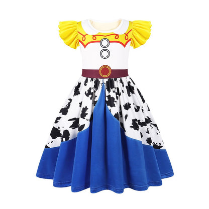 New Western-Style Dress Cartoon Movie Cosplay Dress Milk Silk 3D Digital Print Ruffled Puff Sleeves Summer Halloween Party Set