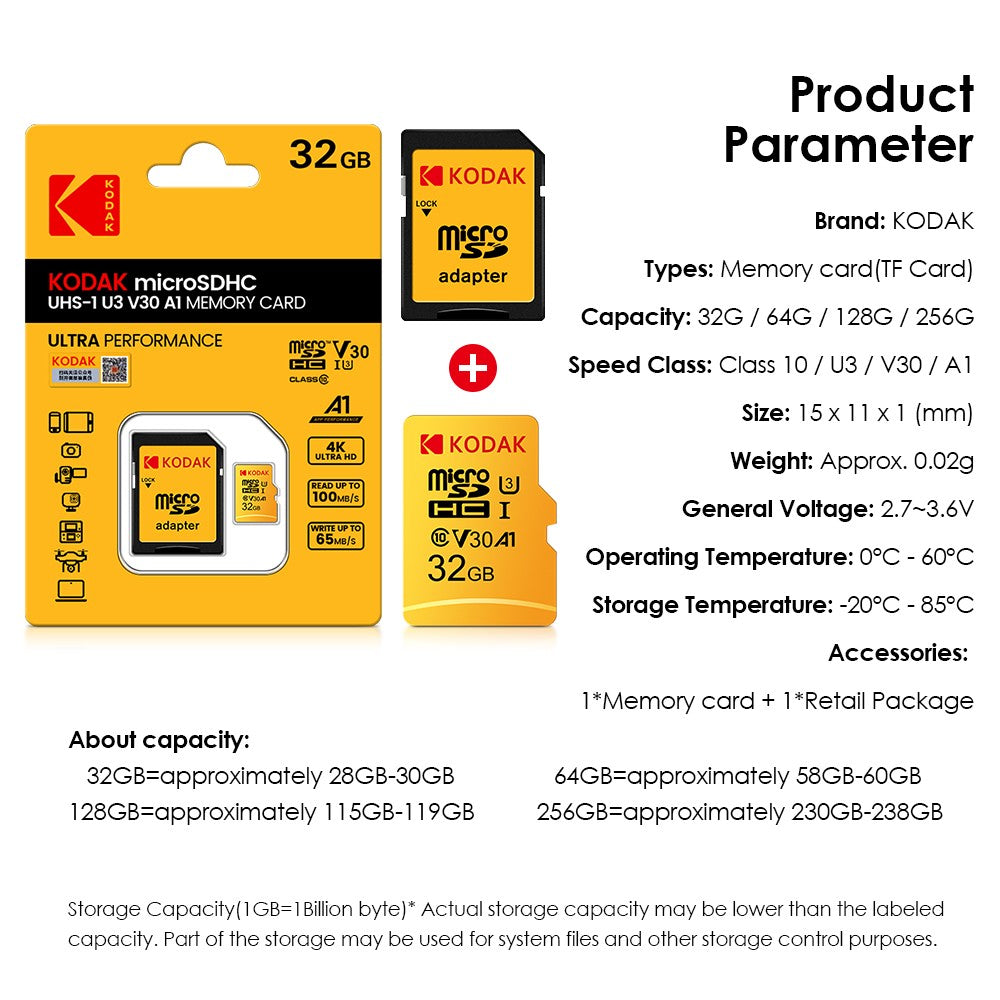 Cartão de memória KODAK 64G Ultra 64GB A1 U3 4K Micro SD SDHC Microsd UHS-I C10 TF Performance Flash Original Minisd com adaptador