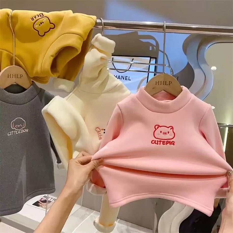 Warm and Cozy Unisex Children Fleece-Lined Base Layer Animal Sweatshirt Tops for Autumn and Winter Girls Cute Outerwear Clothes