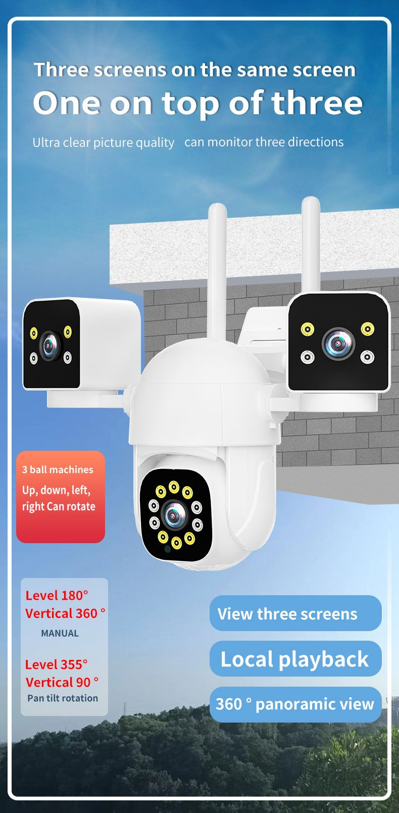 6K 12MP WiFi Surveillance Camera, 3 Lens 3 Screens,10X Digital Zoom, AI Human Detect, 8mp Outdoor Security PTZ IP Cameras